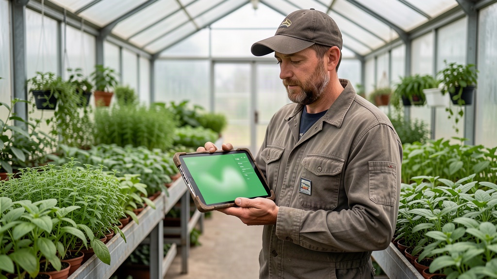 Agronomist reviewing live field data on a tablet inside a greenhouse