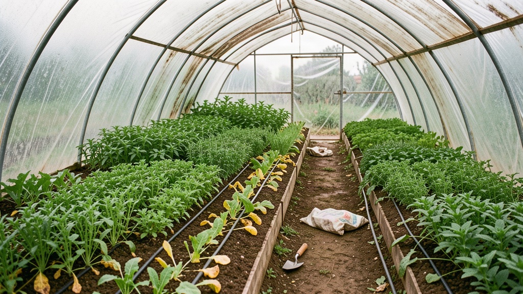 Rows of basil and herbs growing inside a working polytunnel greenhouse