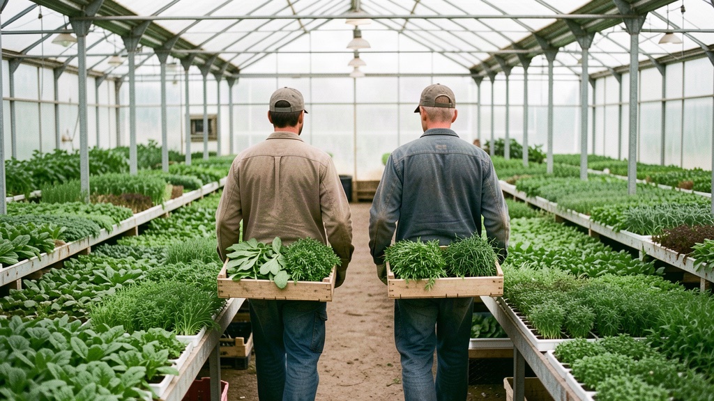 Two workers carrying crates of freshly cut herbs through a greenhouse aisle
