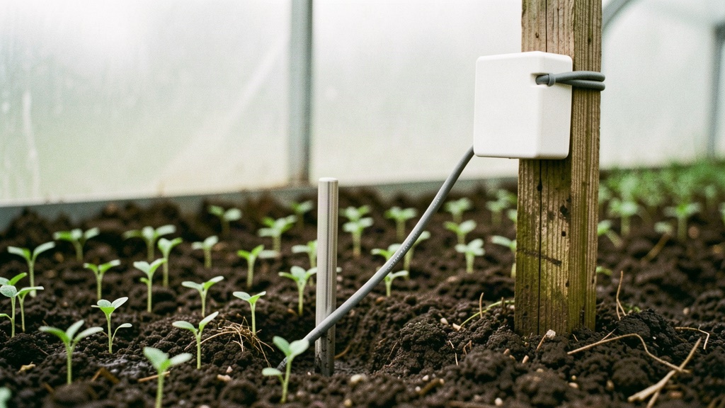 Soil moisture and temperature sensor probe connected to a data logger in a greenhouse bed